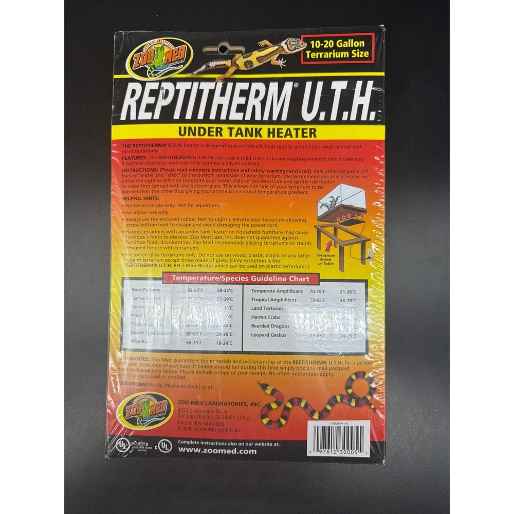 Zoo Med ReptiTherm U.T.H. Under Tank Heater 8W for 10-20 Gallon Terrariums RH-4